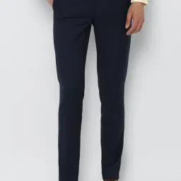 Louis Philippe Navy Slim Fit Checks Flat Front Trousers-image-74