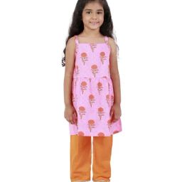 Ahhaaaa Kids Pink & Orange Cotton Floral Print Kurti Set-picture-40