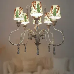 FOS LIGHTING Parisian Distressed White Wood 6-In-1 Chandelier With Embroidered Shdes-41