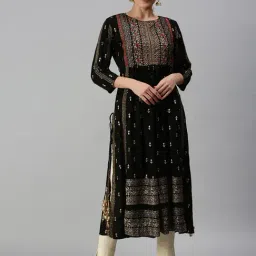 SHOWOFF Black Embroidered Motifs Calf Length Straight Kurta-image-39
