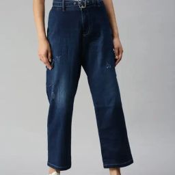 showoffff SHOWOFF Low Distress Blue Relaxed Fit Denim Jeans-picture-13