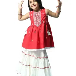 Biba Girls Red & White Cotton Embroidered Kurta Set-image-8