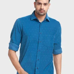 ColorPlus Blue Cotton Tailored Fit Printed Shirt-image-75