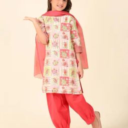 Fabindia Kids Pink Floral Print Kurta, Salwar with Dupatta-picture-48
