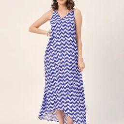 Moomaya Blue & White Printed High-low Dress-image-97