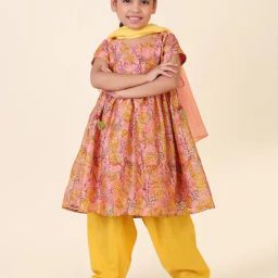 Fabindia Kids Pink & Yellow Printed Kurta, Salwar with Dupatta-picture-39