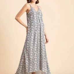 Moomaya Beige & Black Printed High-low Dress-image-26