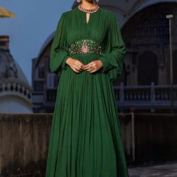 Scakhi Deep Green Georgette Solid-Embellished Gown-image-24