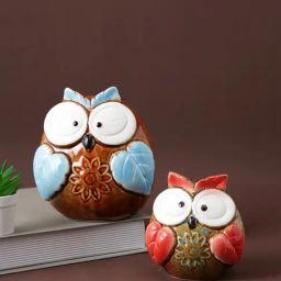 Tayhaa Multicolor Ceramic Owl Showpiece - Set of 2-image-25