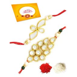 Karatcart Gold-Plated Kundan Rakhi with Roli Chawal & Greeting Card for Brother - Set of 2-18