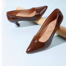 Denill Brown Pointed Toe Synthetic Patent Kitten Heels-picture-8