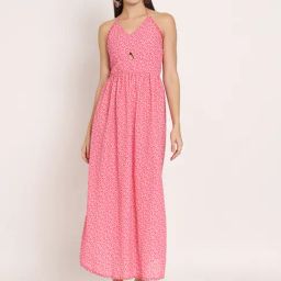 Moomaya Pink & White Floral Print Maxi Dress-image-14