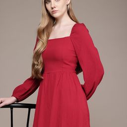 French Connection Square Neck Puff Sleeves Smocked Seersucker A-Line Midi Dress-image-22
