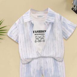 FOREVER FRIDAY Boys Striped Short Sleeves Pure Cotton T-shirt And Shirt With Shorts-image-85