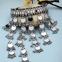 Moedbuille Mirrors & Ghungroo Studded Antique Tribal Design Oxidised Silver Plated Jewellery Set-1
