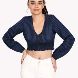 VASTRADO Blue & Black Cotton Striped Crop Top-image-85