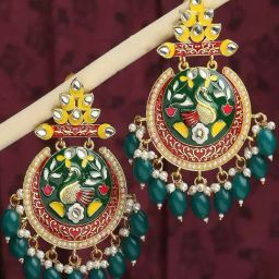 OOMPH Green & Yellow Meenakari Kundan & Beads Peacock Design Ethnic Chand Bali Earrings for Women-1
