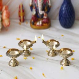 eCraftIndia Gold Brass Handcrafted Decorative Diyas - Set of 4-image-37