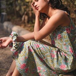 ODHANON Hand Block Printed Blue and Green Floral Printed Cotton Casual Dress-picture-11