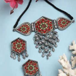 Moedbuille Handpainted Floral Meenakari Work Tasselled Filigree Design Silver Plated Jewellery Set-image-29