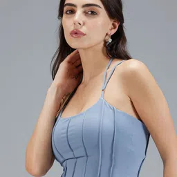 CAVA Solid Shoulder Straps Styled Back Knot-It Corset Crop Top-image-9