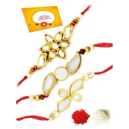 Karatcart Gold-Plated Kundan Rakhi with Roli Chawal & Greeting Card for Brother - Set of 3-15