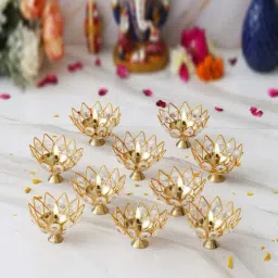 eCraftIndia Gold Crystal Lotus Shape Crystal Diyas - Set of 10-image-46