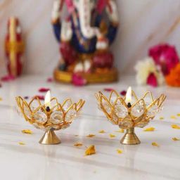 eCraftIndia Gold Crystal Lotus Shape Crystal Diyas - Set of 2-15