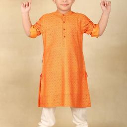 Fabindia Boys Ethnic Motifs Block Printed Band Collar Roll-Up Sleeves Straight Kurta-17