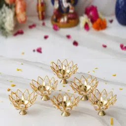 eCraftIndia Gold Crystal Lotus Shape Crystal Diyas - Set of 6-image-39