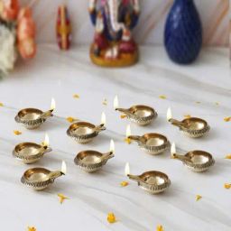 eCraftIndia Gold Brass Handcrafted Designer Diyas - Set of 10-3