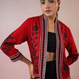 Janasya Women Floral Open Front Jacket with Embroidered-image-96