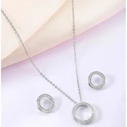Peora Silver CZ Studded Round Pendant Chain & Stud Earrings-image-41