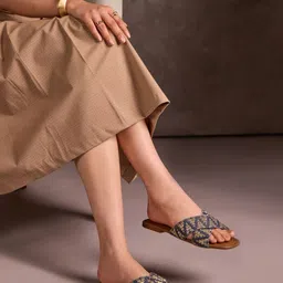 CAI Women Blue And Gold Printed Flats-image-22