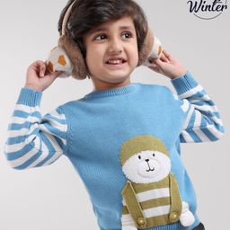 Babyoye Full Sleeves Eco Conscious 100 % Cotton Sweater Stripes & Animal Applique Design- Blue-image-89