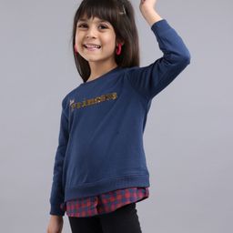 Babyhug Full Sleeves Sweatshirt With Reversible Sequins & Woven Checks Mock Shirt Hem - Blue-image-71