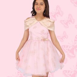Cutecumber Half Sleeves Seamless Shimmer Roses Printed Fit & Flare Cold ShoulderDress - Pink-image-57