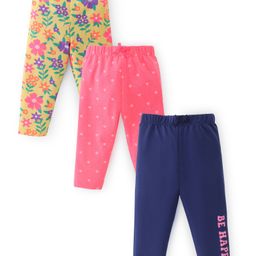 Babyhug Cotton Lycra Full Length Leggings With Text & Floral Print Pack Of 3 - Pink Navy Blue & Green-image-85
