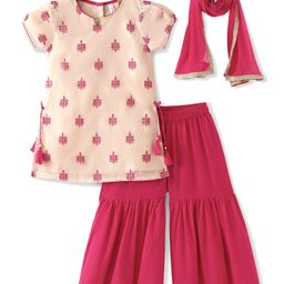 Babyhug Woven Half Sleeves Floral Embroidered Kurti Palazzo & Dupatta - Beige & Red-image-5