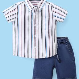 Babyhug Cotton Woven Half Sleeves Striped Shirt & Denim Shorts Set - White & Blue-19