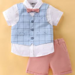 ToffyHouse Cotton Woven Half Sleeves Shirt & Shorts Set with Checkered Waistcoat & Bow - Blue & Pink-image-86