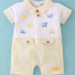 WOW Clothes Cotton Knit Half Sleeves Striped Romper with Car Embroidery & Button Detailing - Yellow-image-26
