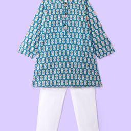 Babyhug Cambric Woven Full Sleeves Kurta Pyjama Set with Pineapple Print - Blue-image-63