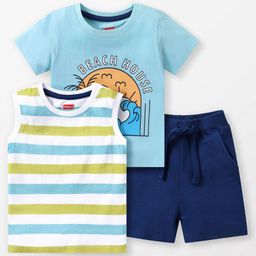 Babyhug Cotton Knit Half Sleeves T-Shirt & Shorts Set Beach Theme Print Pack of 2 - Blue-image-6