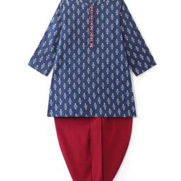 Babyhug Cambric Woven Full Sleeves Floral Printed Kurta Dhoti Set - Indigo-image-73
