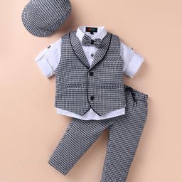 Robo Fry Lycra Knit Full Sleeves Checkered 3 Piece Party Suit with Bow & Hat - Navy Blue & White-picture-14