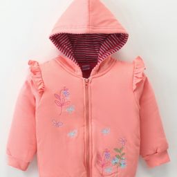 CUCUMBER Sinker Knit Full Sleeves Hooded Jacket with Frill Detailing Floral Embroidery - Dark Peach-image-92