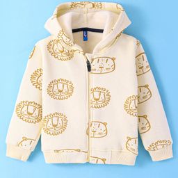 Little Kangaroos Fleece Knit Full Sleeves Front Open Hooded Sweatjacket with Animal Print - Cream-image-81