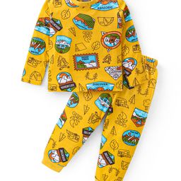 Babyhug Cotton Knit Full Sleeves Night Suit With Camping Theme Print - Yellow-image-99