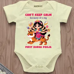 KNITROOT Navratri Theme Half Sleeves First Durga Puja Text Printed Onesie - Yellow-picture-49